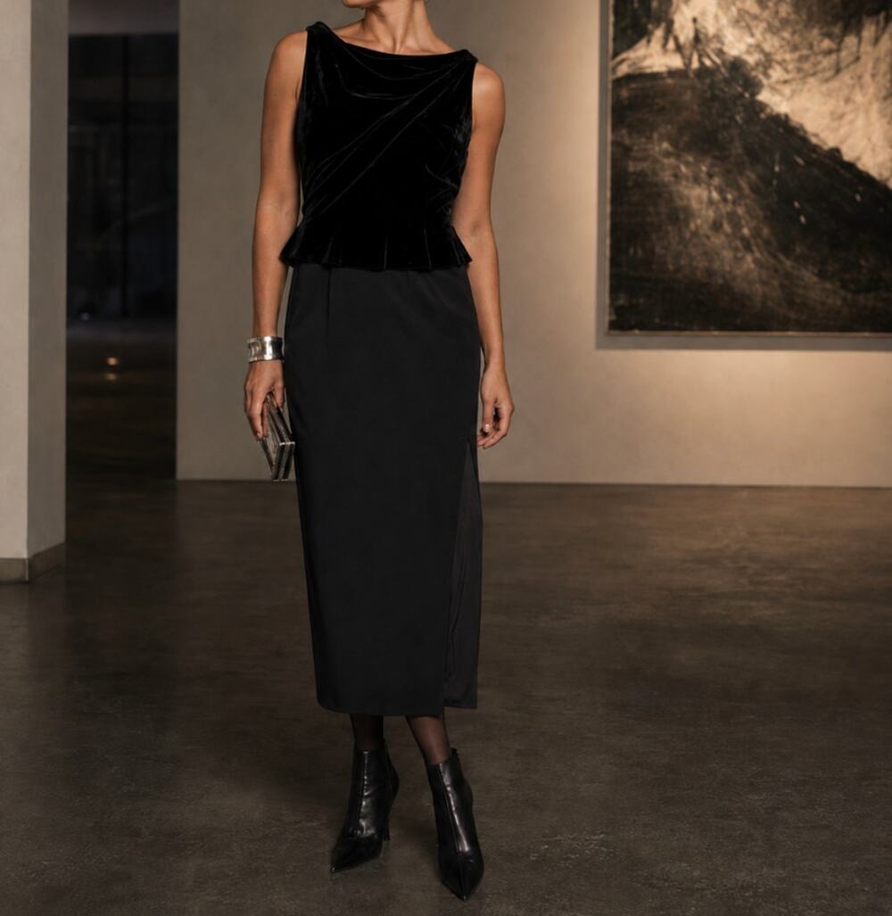 Jones New York Evening Vintage Black Velvet Silk Blend Column Maxi Gown Size 8P